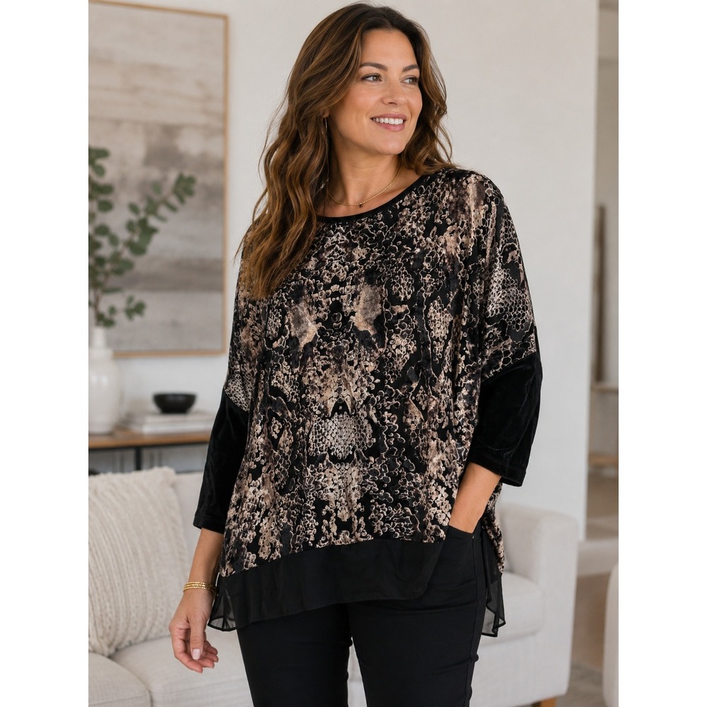 Chico's Womens Velvet Burnout Animal Print Boat Neck Tunic Top Black Brown SZ 3